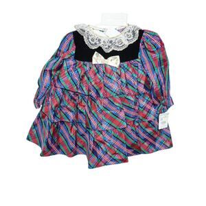 Vintage 80s/90s Plaid Tiered Party Dress Lace Collar Velvet Yoke 2T